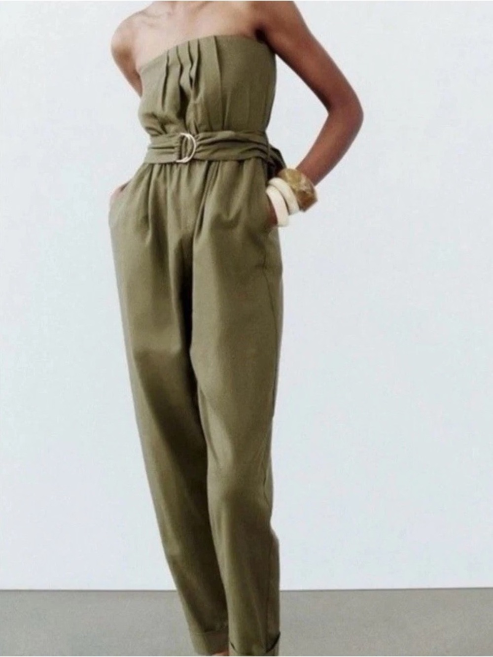 Zara Olive Green Linen Blend Jumpsuit Strapless Large